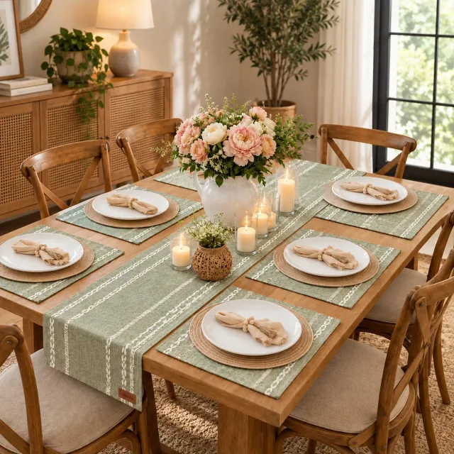 Boho Cotton & Seagrass Table Runner & Placemats Set of 6, jute, sage green colour