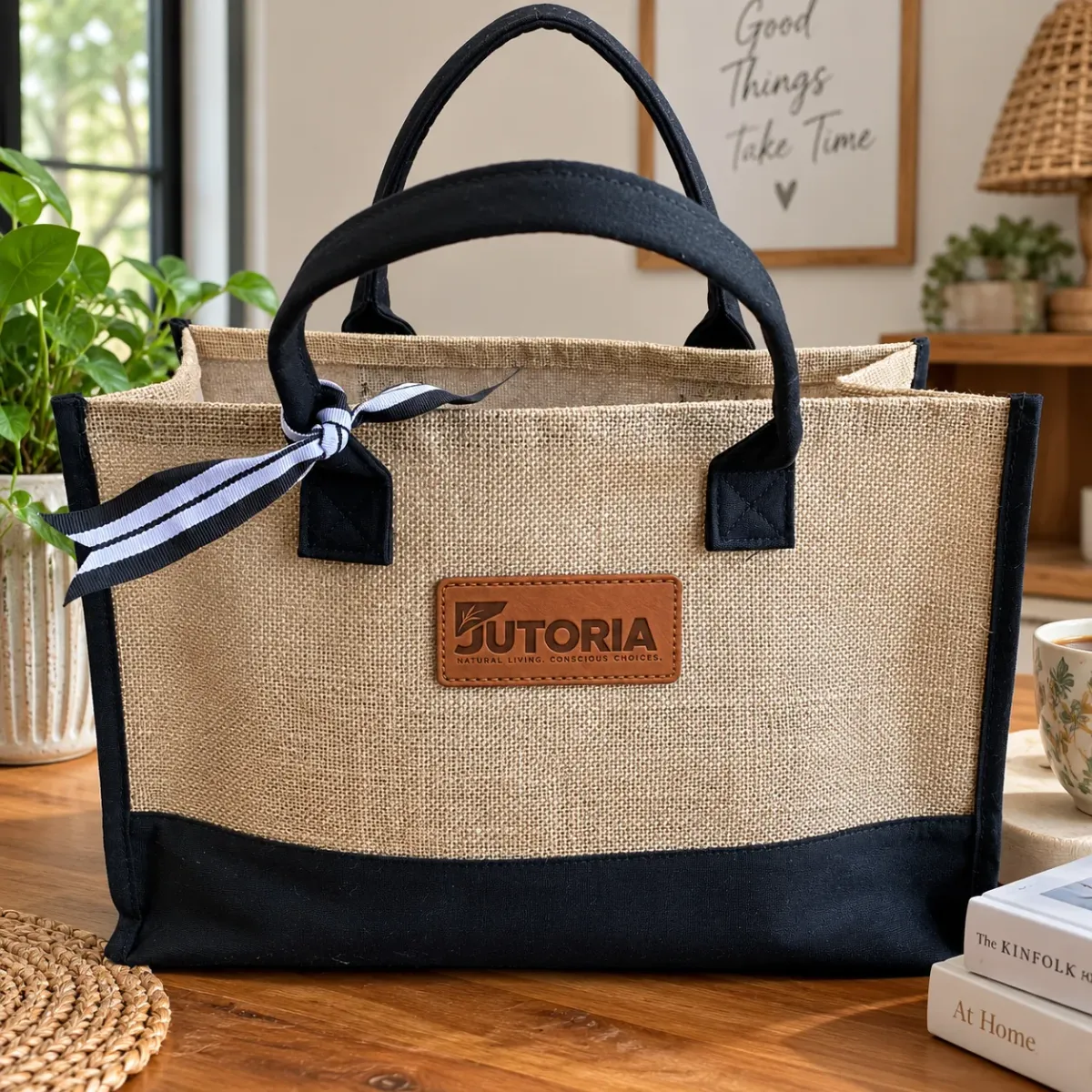 Initial Jute & Canvas Tote Bag, natural tan / beige colour