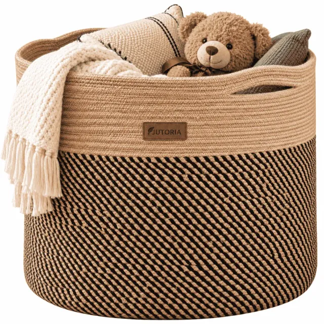 Black & Jute Round Storage Basket