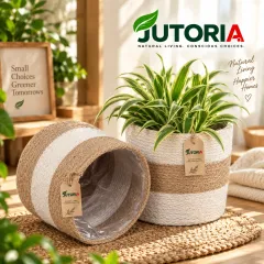 Natural Jute Planter Basket Set of 2, white & natural colour