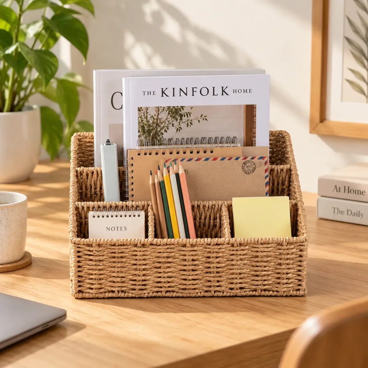 Woven Rattan Desk Organizer & 5-Slot Mail Holder, natural wicker colour – image 2
