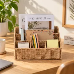 Woven Rattan Desk Organizer & 5-Slot Mail Holder, natural wicker colour – image 2