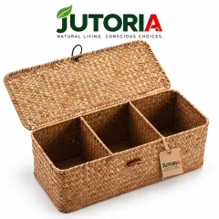 Handwoven Seagrass Storage Basket with Lid & 3 Compartments, natural colour