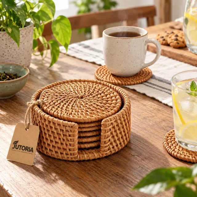 Natural Handwoven Rattan Coaster Set with Holder, natural / natural tan colour