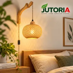 Natural Bamboo Lantern Plug-In Wall Sconce, natural / orange-toned natural colour – image 3