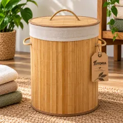 Bamboo Laundry Basket with Lid, natural bamboo colour
