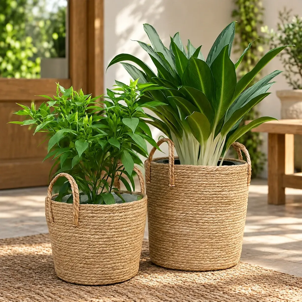 Woven Seagrass Planter Basket Set with Handles, natural / natural straw colour – image 2