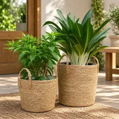 Woven Seagrass Planter Basket Set with Handles, natural / natural straw colour – image 2