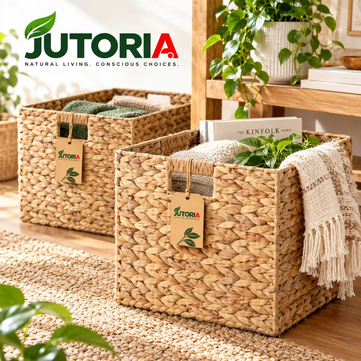 Natural Water Hyacinth Storage Cube Basket – Square Woven Shelf Organizer – image 3