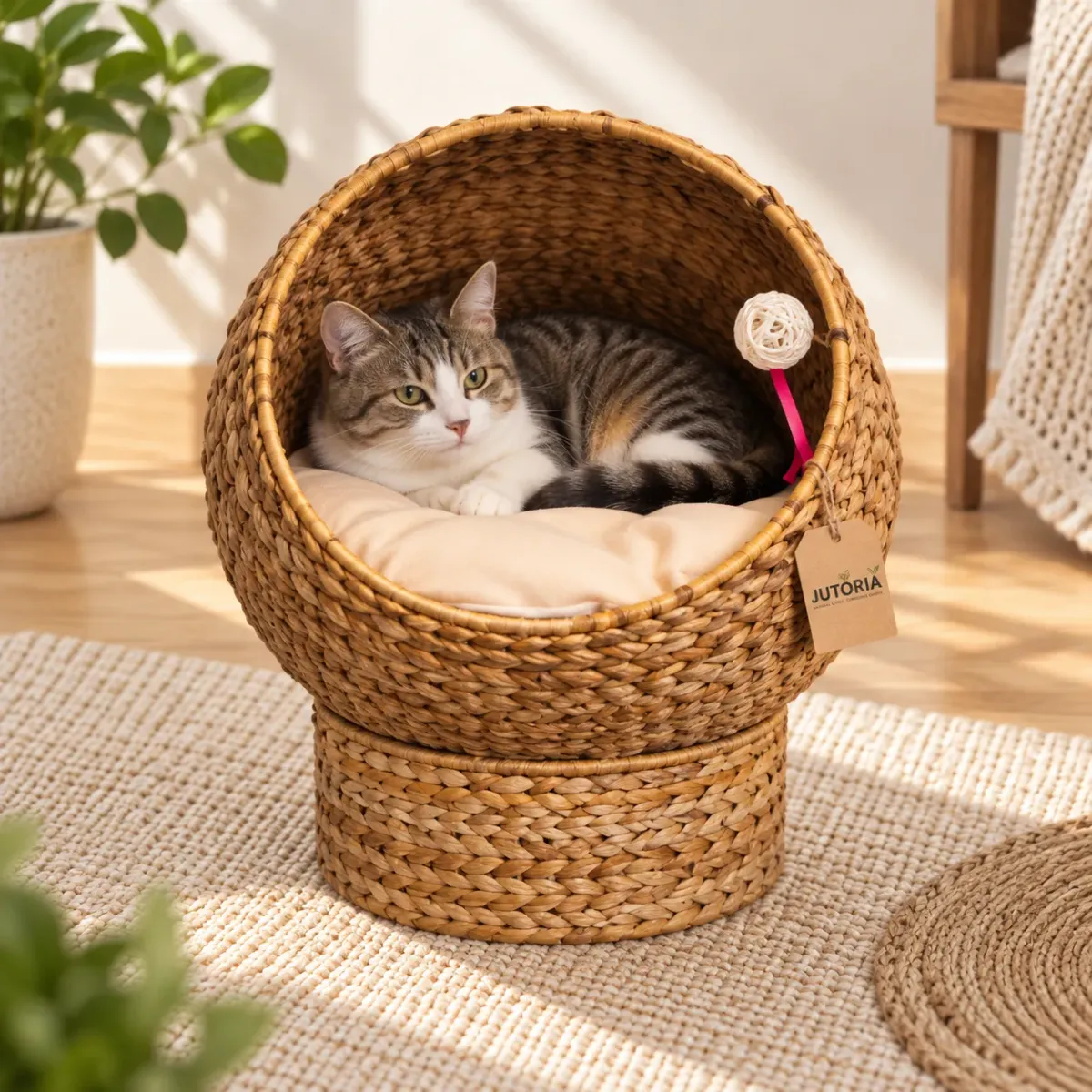 Natural Woven Rattan Pet House & Cozy Cat Bed, natural tan / natural colour – image 2
