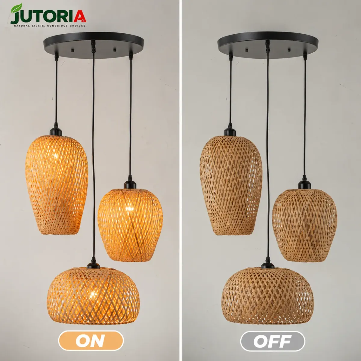 3-Light Natural Bamboo & Rattan Boho Pendant Light – image 3