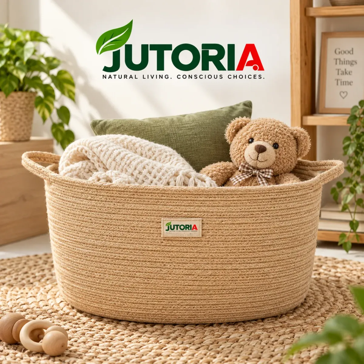 Natural Jute Wicker Storage Basket with Handles – image 2