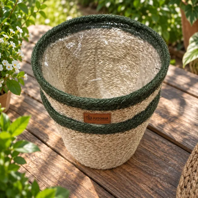 Woven Jute Beige & Green Lined Planter Baskets, Set of 2