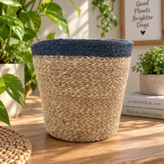 Woven Jute Tan & Blue Lined Planter Basket, natural tan & blue colour – image 2