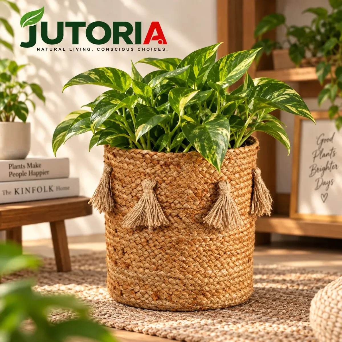 Boho Natural Jute Hand-Woven Planter Basket with Tassels, natural beige colour – image 2