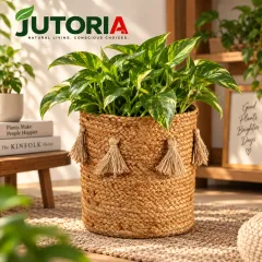 Boho Natural Jute Hand-Woven Planter Basket with Tassels, natural beige colour – image 2