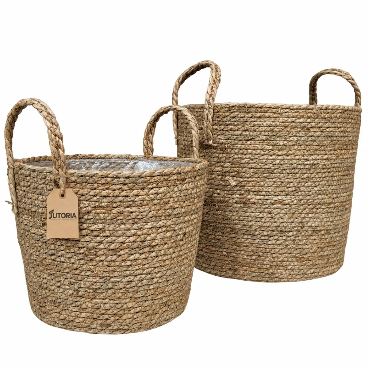 Woven Seagrass Planter Basket Set with Handles, natural / natural straw colour