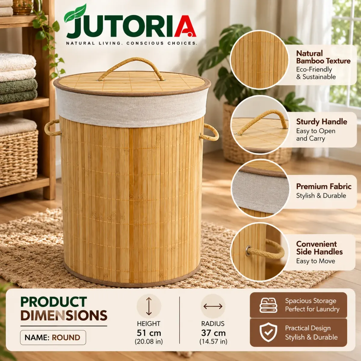 Bamboo Laundry Basket with Lid, natural bamboo colour – image 3