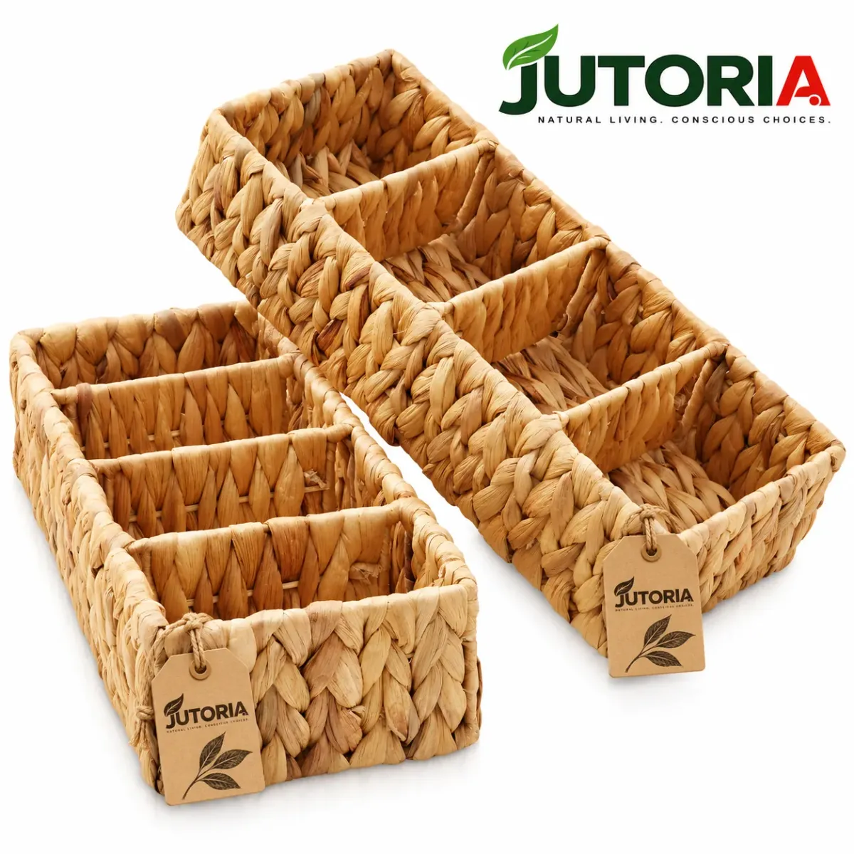 Natural Hyacinth Woven Storage Basket Set – Rectangular Organizer Bins, water hyacinth, natural – hyacinth colour