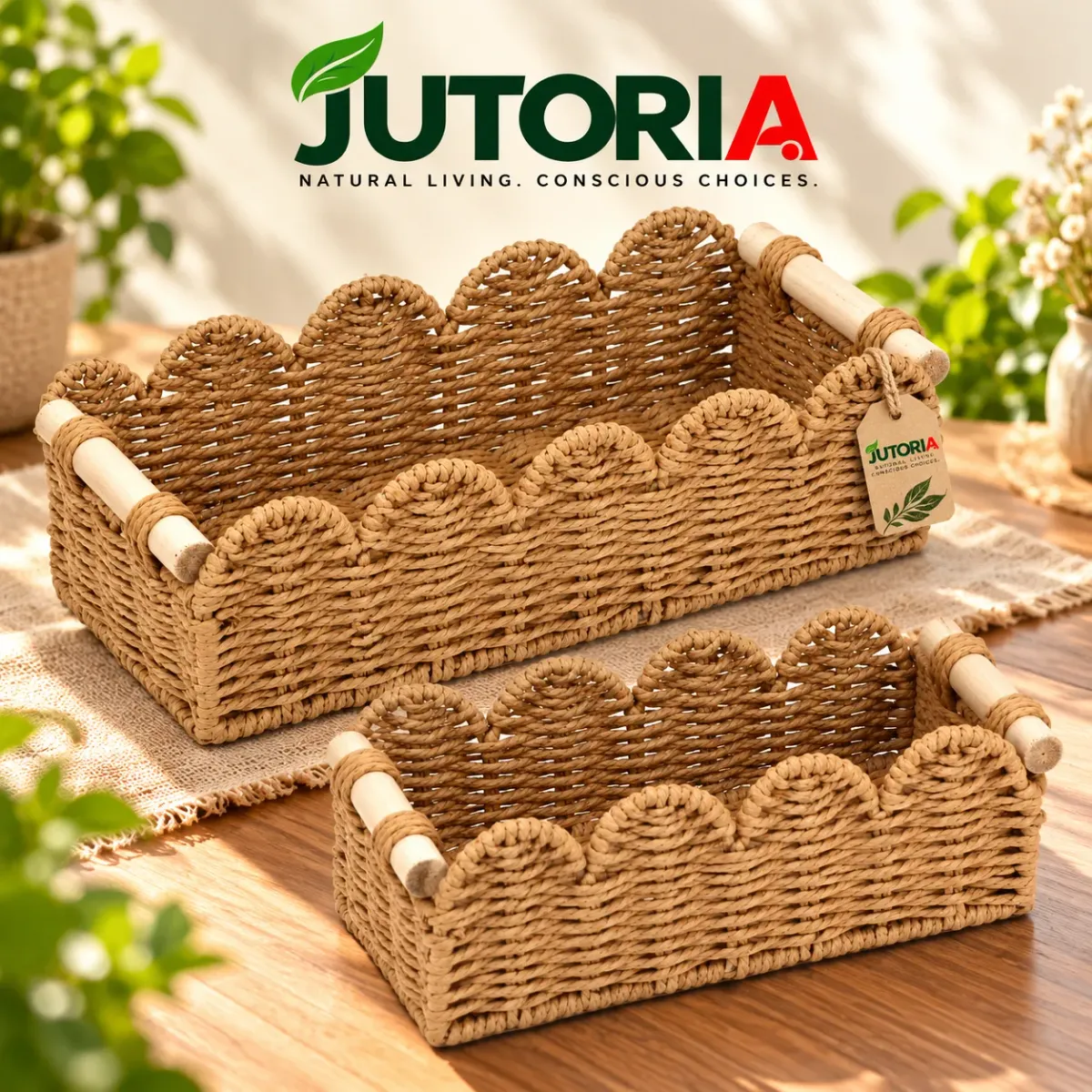 Handwoven Paper Rope Storage Basket Set of 2 with Wooden Handles, seagrass, beige / natural beige colour