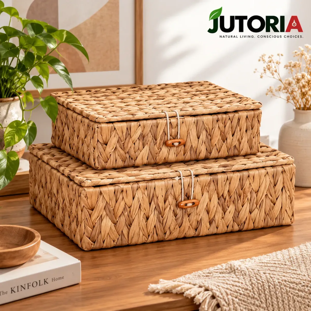 Natural Water Hyacinth Rectangular Storage Basket with Lid – Flat Woven Organizer – image 3