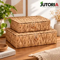 Natural Water Hyacinth Rectangular Storage Basket with Lid – Flat Woven Organizer – image 3