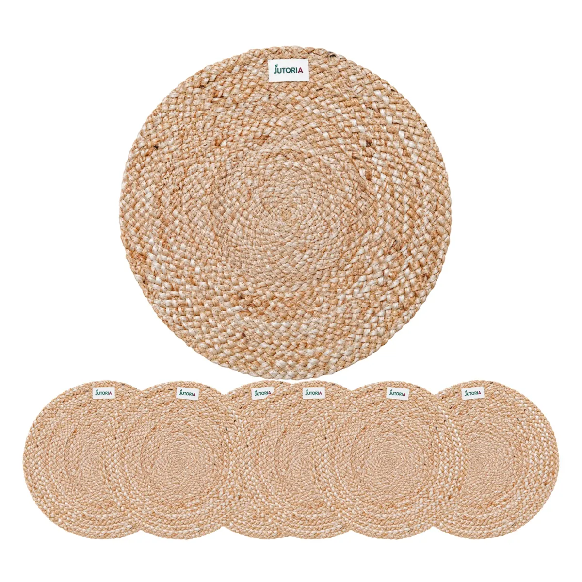 Pure Jute Braided Placemats (Set of 6) | 14" Round Handwoven Table Mats, natural colour