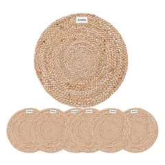 Pure Jute Braided Placemats (Set of 6) | 14" Round Handwoven Table Mats, natural colour
