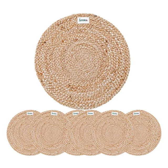 Pure Jute Braided Placemats (Set of 6) | 14" Round Handwoven Table Mats, natural colour