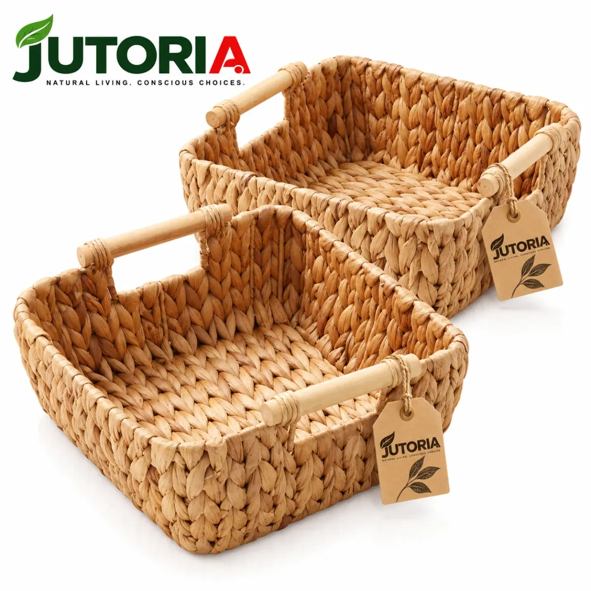 Natural Water Hyacinth Oval Storage Basket Set with Wooden Handles – Woven Organizer Bins – image 2