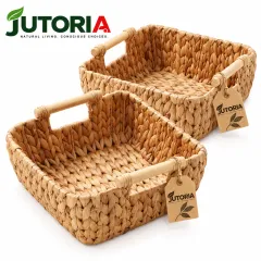 Natural Water Hyacinth Oval Storage Basket Set with Wooden Handles – Woven Organizer Bins – image 2