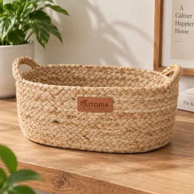 Braided Jute Oval Storage Basket with Handles, beige / natural colour