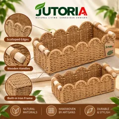 Handwoven Paper Rope Storage Basket Set of 2 with Wooden Handles, seagrass, beige / natural beige colour – image 2