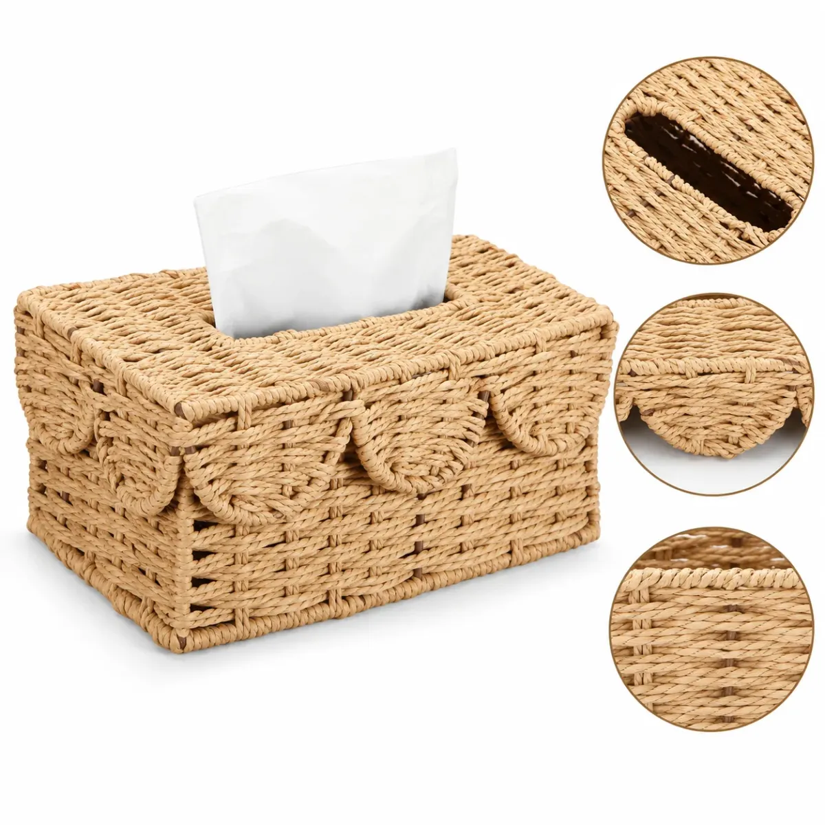 Handwoven Rattan Tissue Box Cover, Rectangular Scalloped Design, beige / natural tan colour – image 2