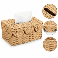 Handwoven Rattan Tissue Box Cover, Rectangular Scalloped Design, beige / natural tan colour – image 2