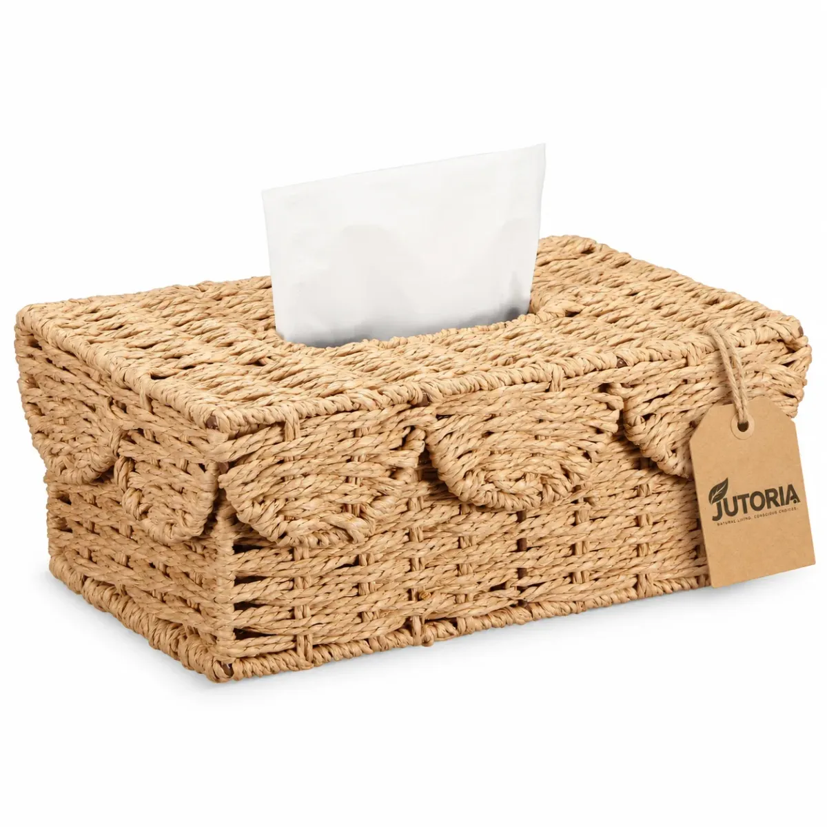 Handwoven Rattan Tissue Box Cover, Rectangular Scalloped Design, beige / natural tan colour