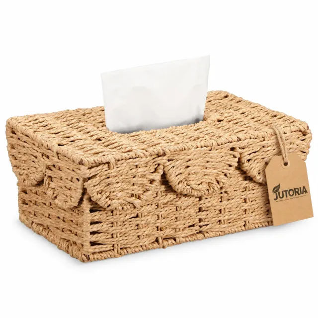 Handwoven Rattan Tissue Box Cover, Rectangular Scalloped Design, beige / natural tan colour