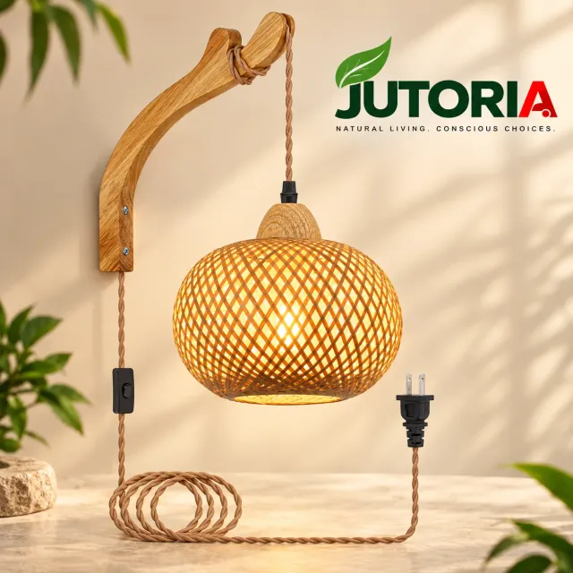 Natural Bamboo Lantern Plug-In Wall Sconce, natural / orange-toned natural colour