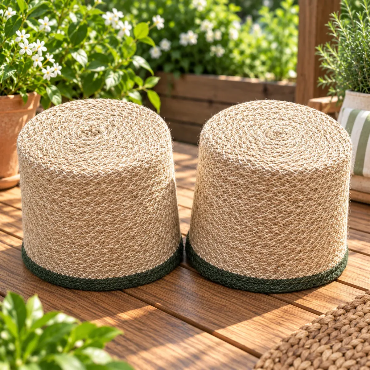 Woven Jute Beige & Green Lined Planter Baskets, Set of 2 – image 3