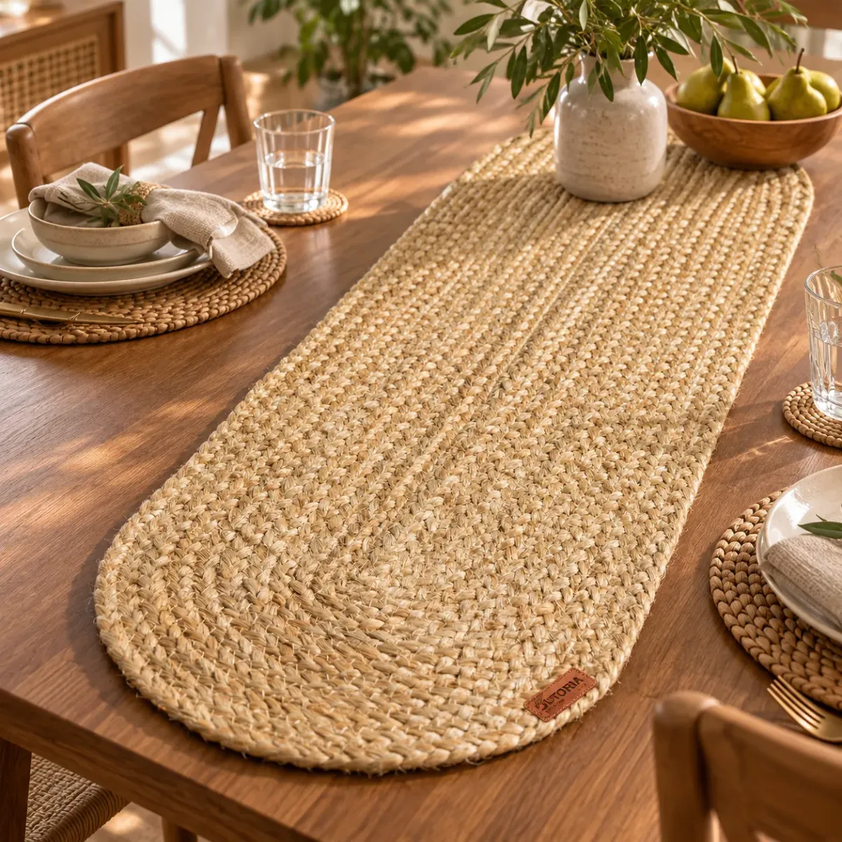 Handwoven Natural Jute Table Runner, 12 × 54 in, natural jute / off-white colour