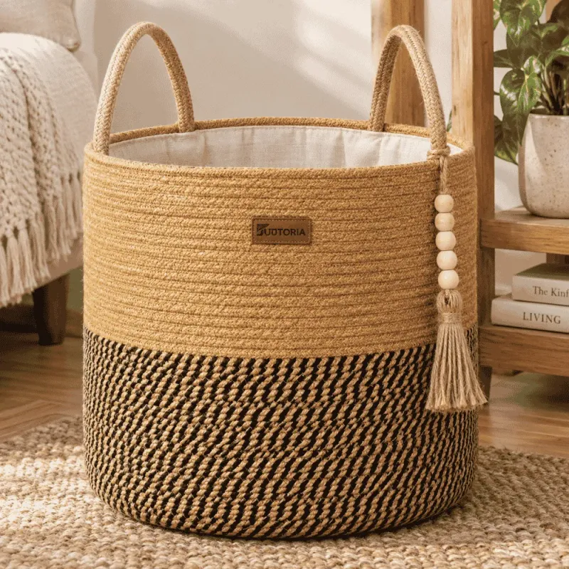 Yellow & Black Jute Decorative Storage Basket – image 3