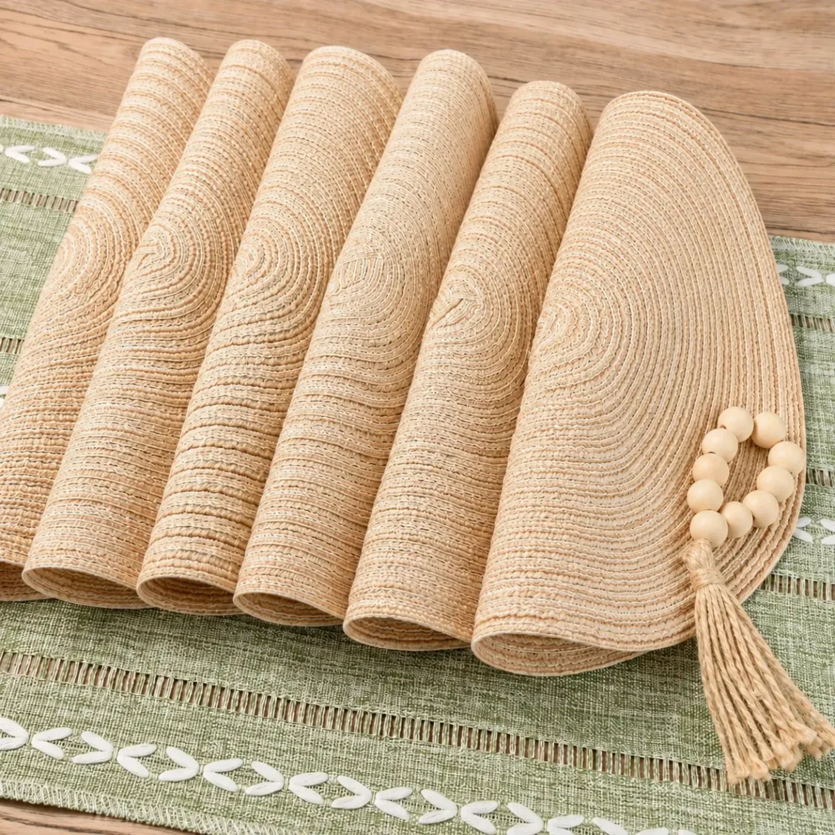 Boho Cotton & Seagrass Table Runner & Placemats Set of 6, jute, sage green colour – image 2