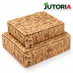 Natural Water Hyacinth Rectangular Storage Basket with Lid – Flat Woven Organizer