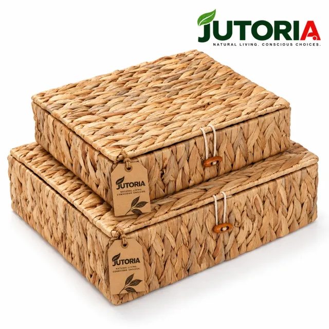 Natural Water Hyacinth Rectangular Storage Basket with Lid – Flat Woven Organizer