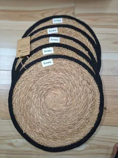 Handwoven Seagrass Placemats (Set of 6) 14" Round Table Mats with Black Border, natural with black border colour