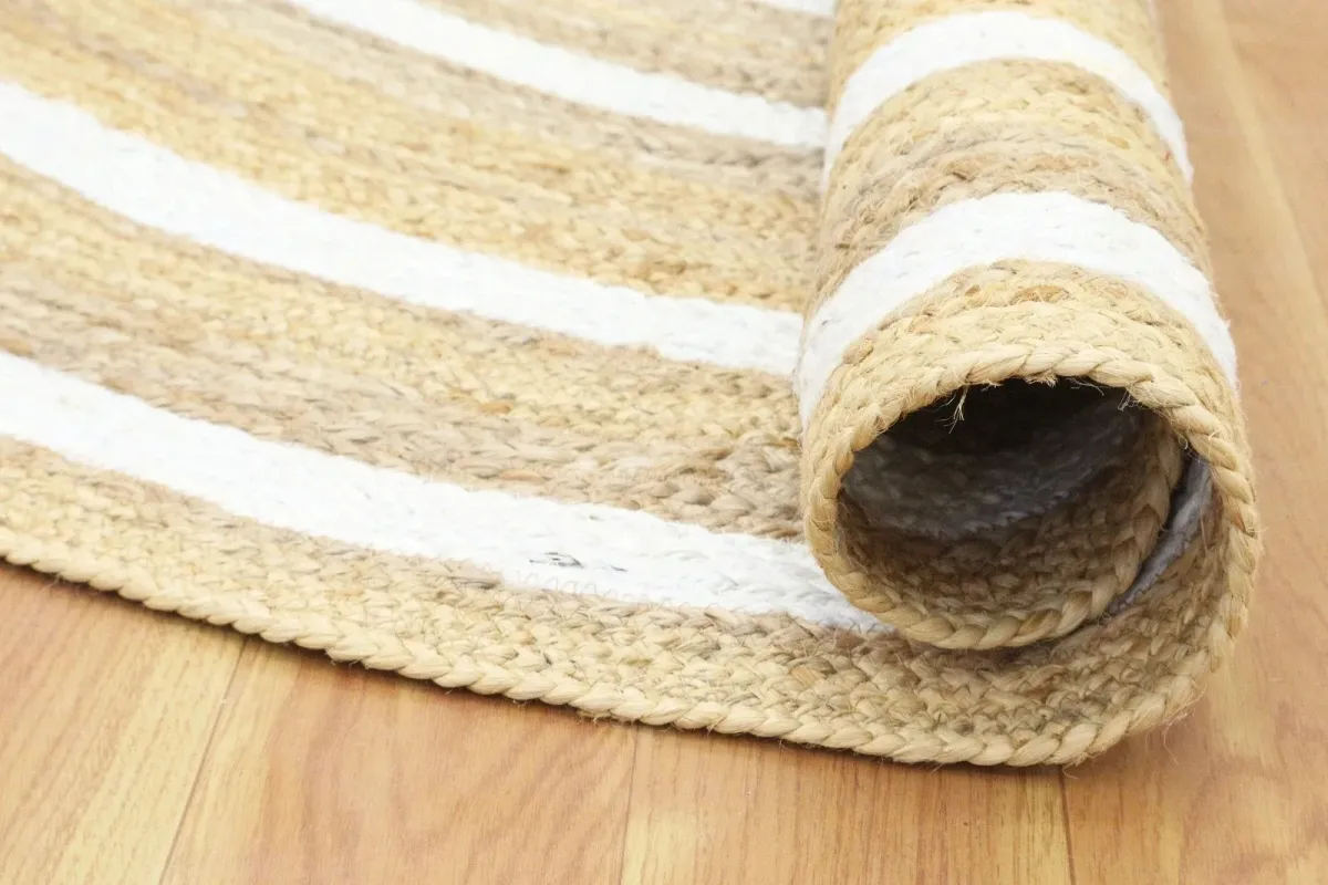 Hand-Braided Beige & White Striped Round Jute Rug, beige with white stripes colour – image 3