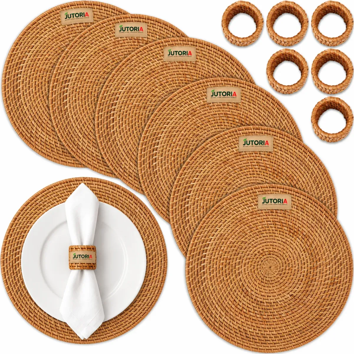 6-Piece Natural Rattan Charger Placemat Set with Napkin Rings, natural brown colour