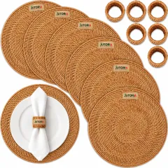 6-Piece Natural Rattan Charger Placemat Set with Napkin Rings, natural brown colour