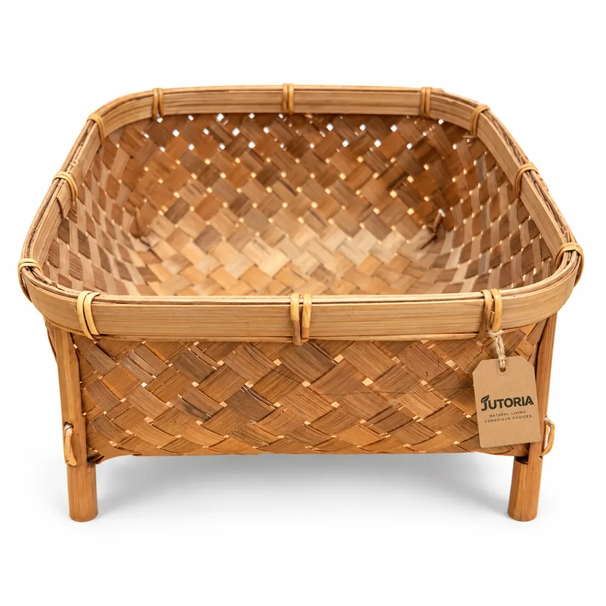 Square Woven Bamboo Basket with Raised Feet, natural bamboo colour