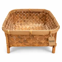 Square Woven Bamboo Basket with Raised Feet, natural bamboo colour